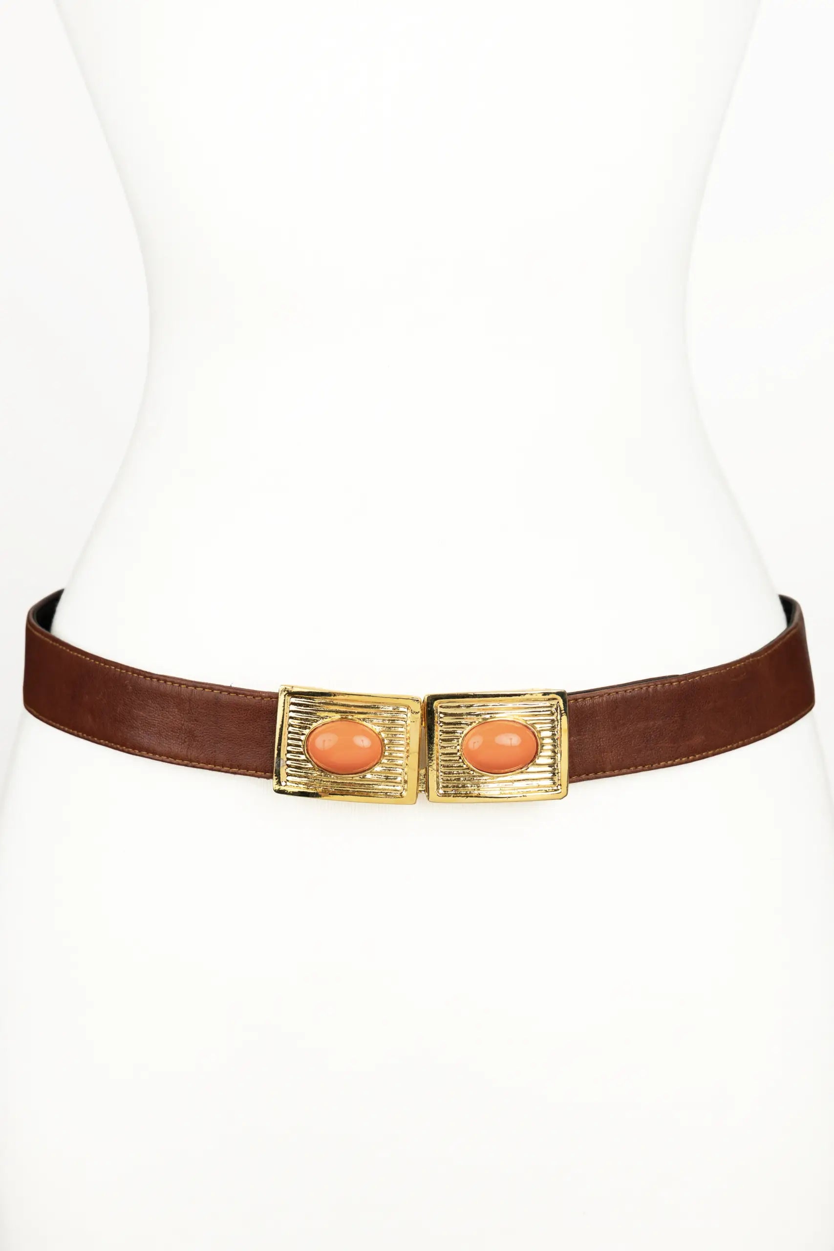 Large Stones Buckle Leather Belt - Brown