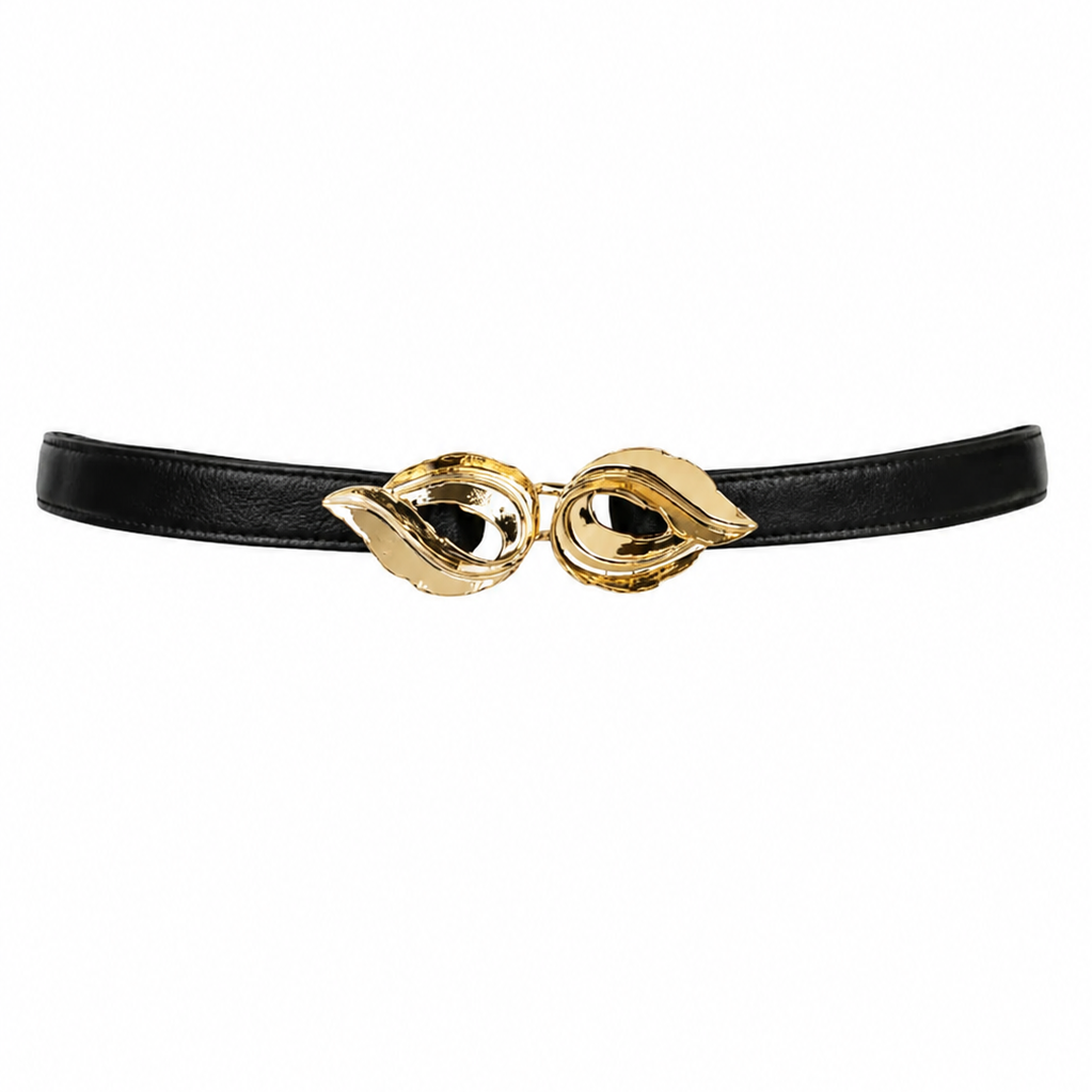 Lauren Leaf Buckle Leather Belt - Black