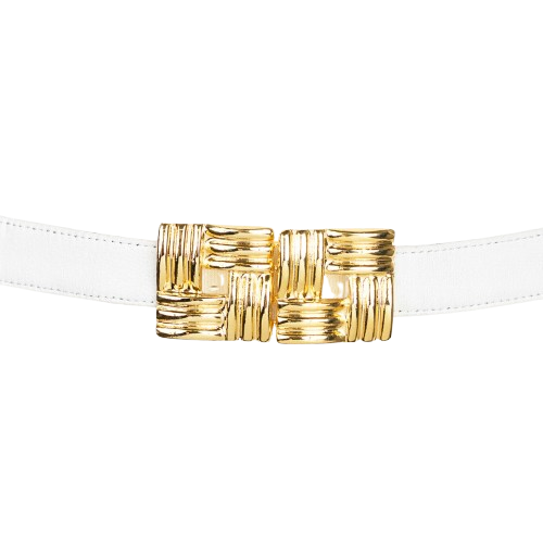 Square Gold Buckle leather belt - White