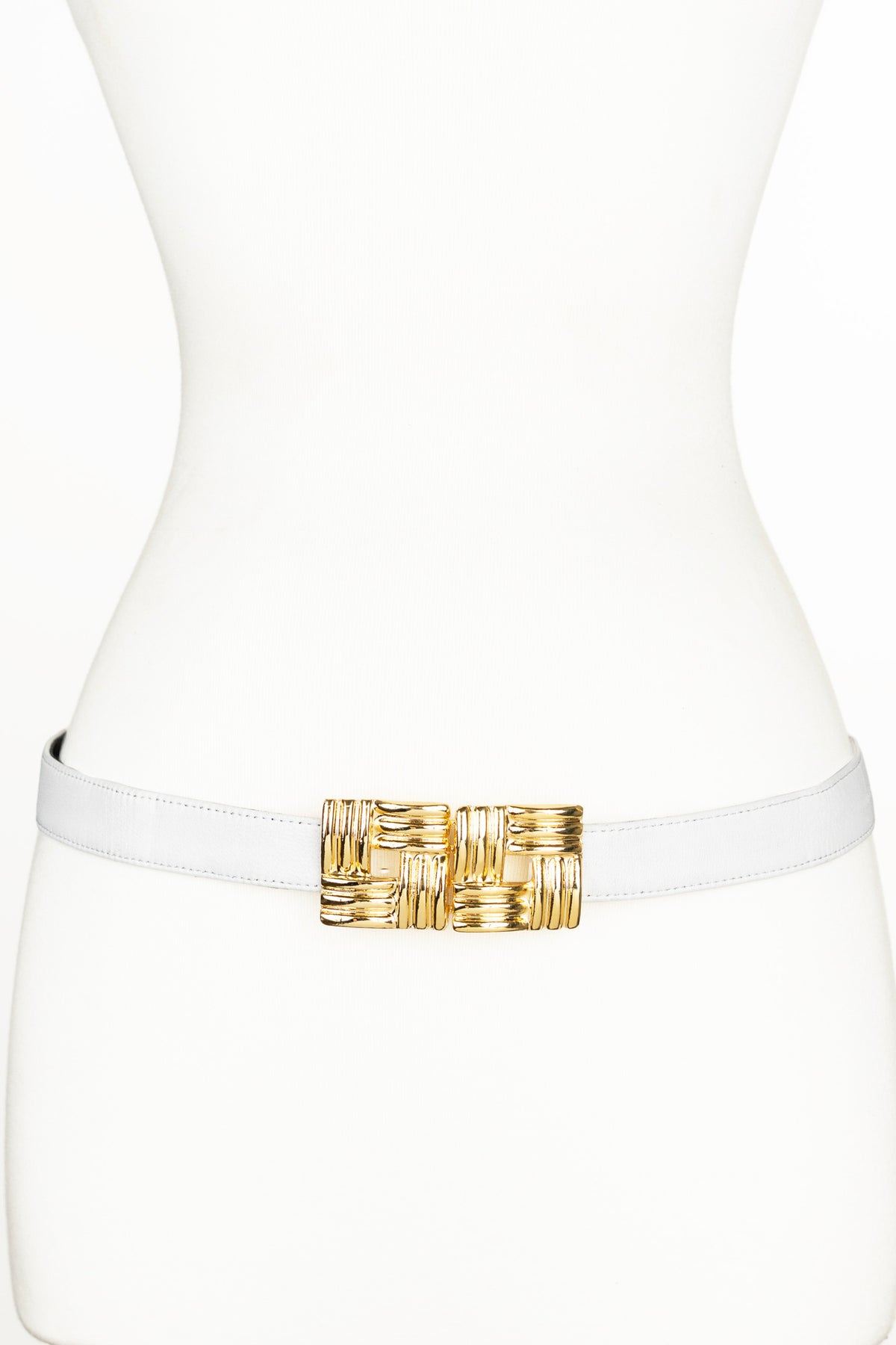 Square Gold Buckle leather belt - White