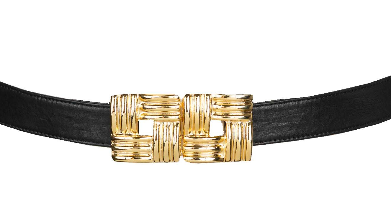Square Gold Buckle leather belt - Black
