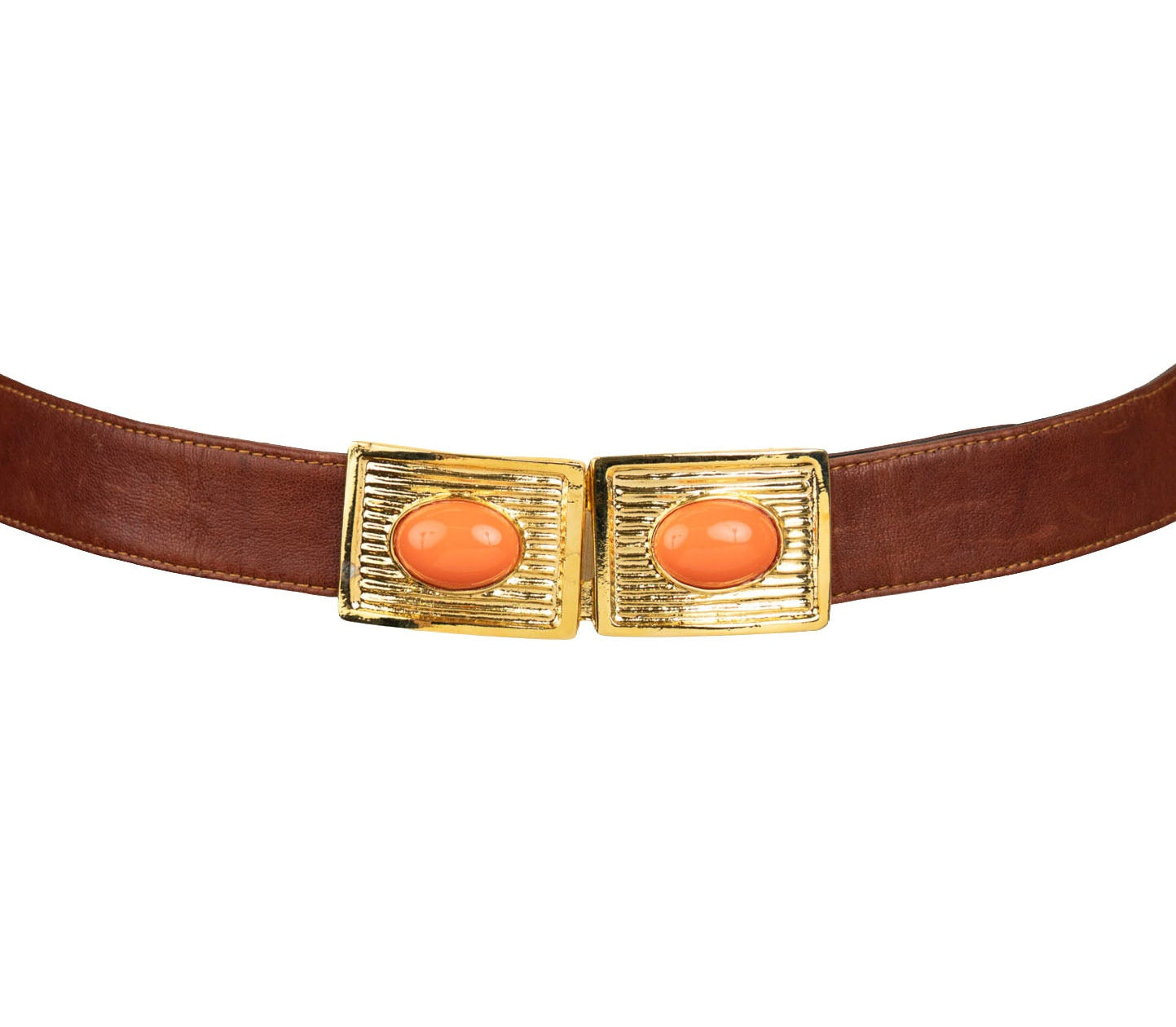 Large Stones Buckle Leather Belt - Brown
