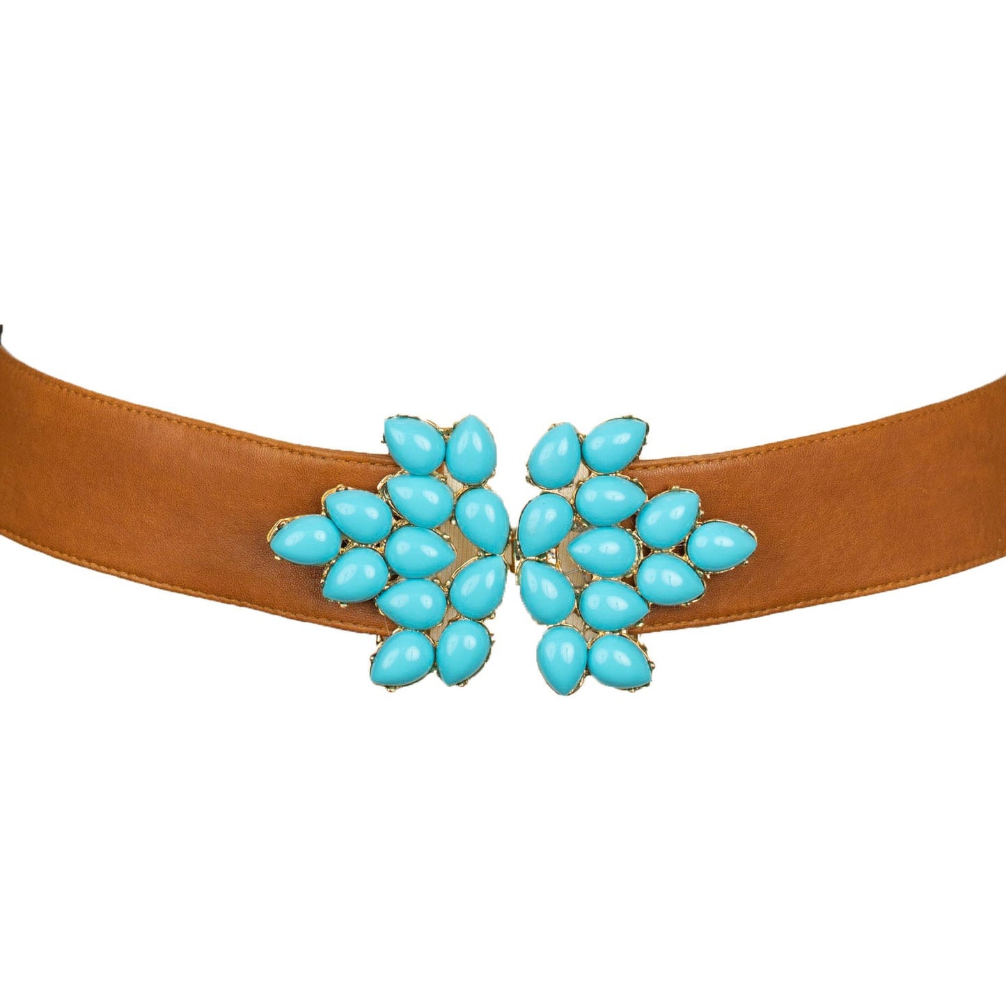 Stones Decorated Flower Buckle Leather Belt - Camel