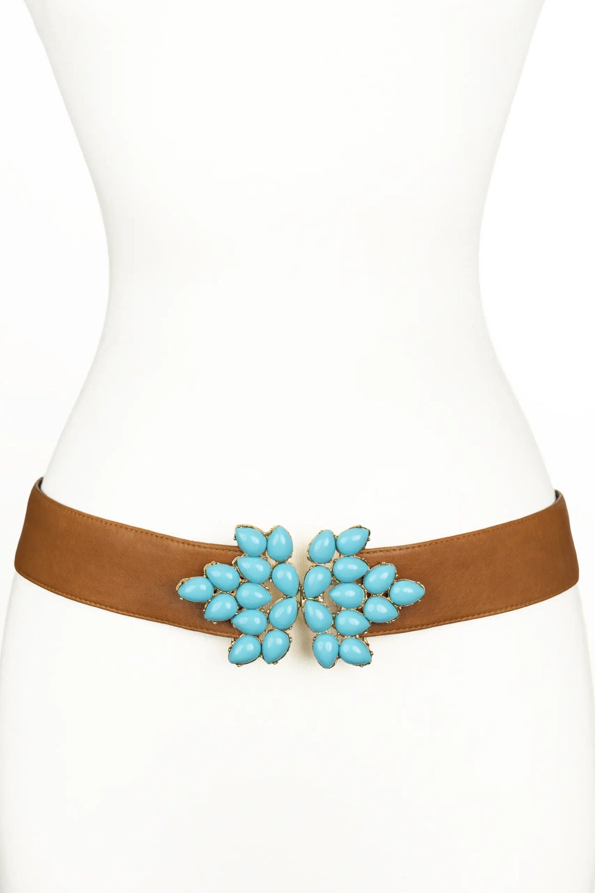 Stones Decorated Flower Buckle Leather Belt - Camel