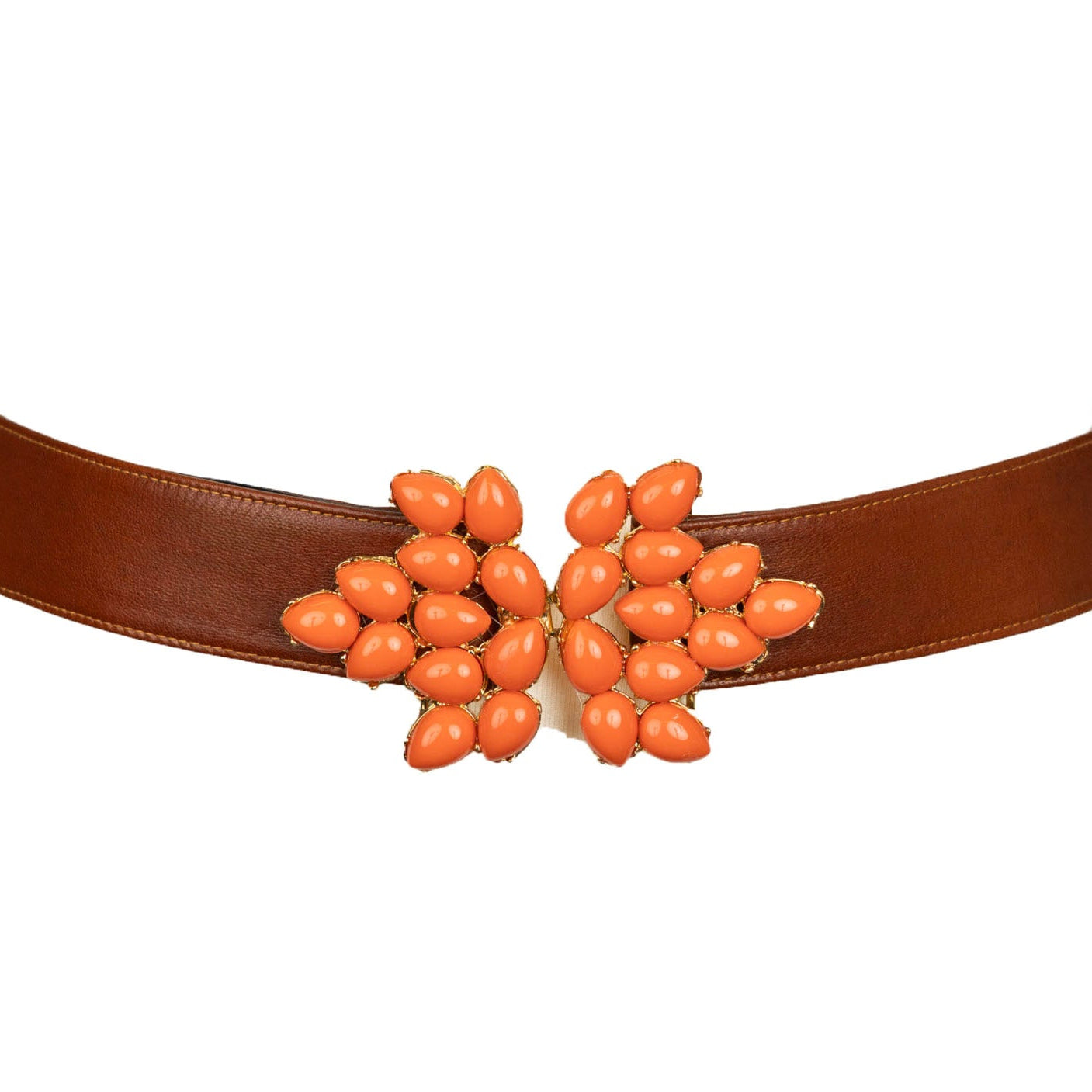 Stones Decorated Flower Buckle Leather Belt - Cognac